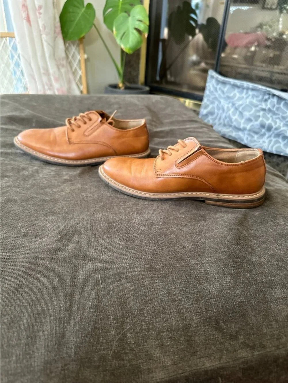 Kenneth Cole Kids Cognac Tan Faux Leather Oxford Lace-Up Shoes Man Made
